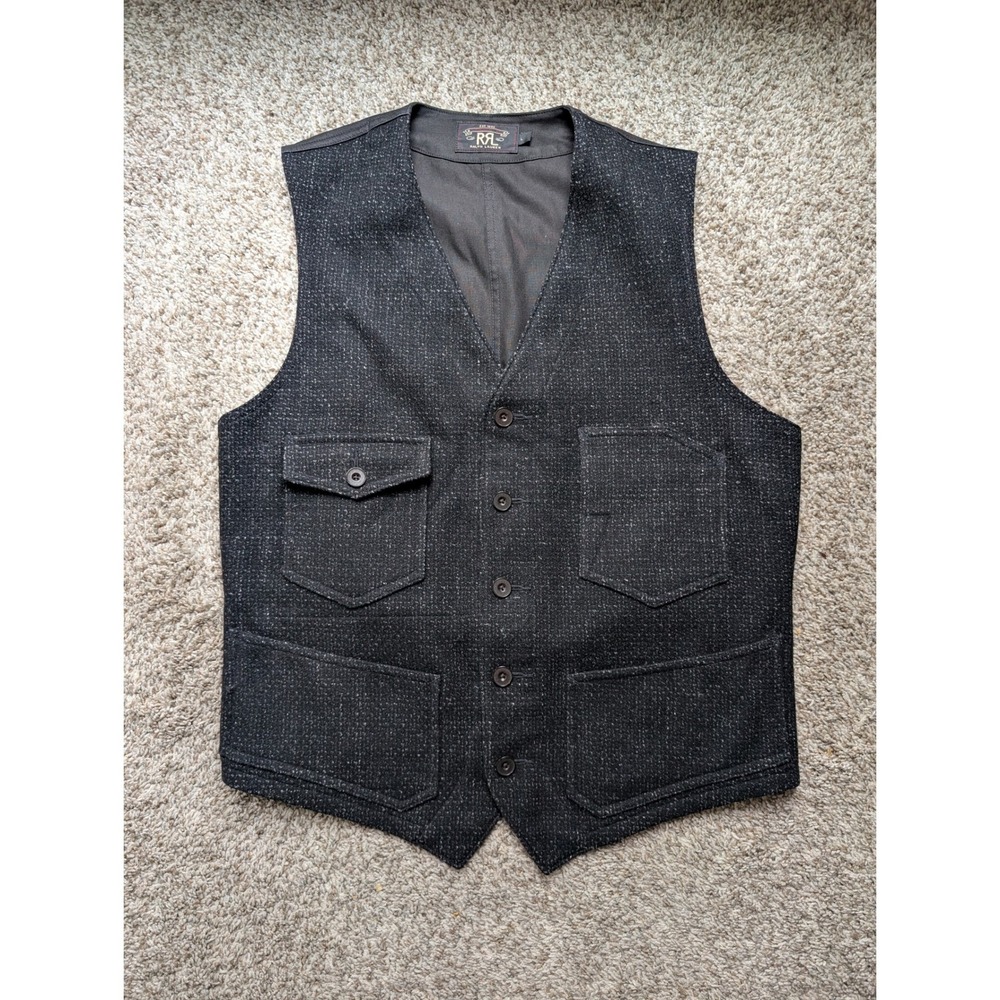 RRL Ralph Lauren Vest Mens L Black Salt Pepper Wool Blend Cinch Back Workwear
